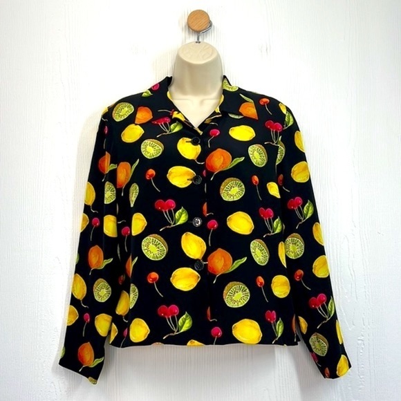 Maggy L - Bright Colorful Fruit Long Sleeve Button Down Silk Top Size 6 Petite - Picture 3 of 13